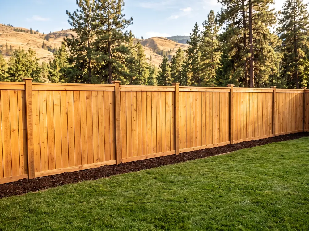 The same yard with a new straight cedar privacy fence and green lawn