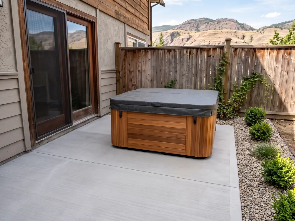 The same corner with a new concrete pad and a cedar hot tub