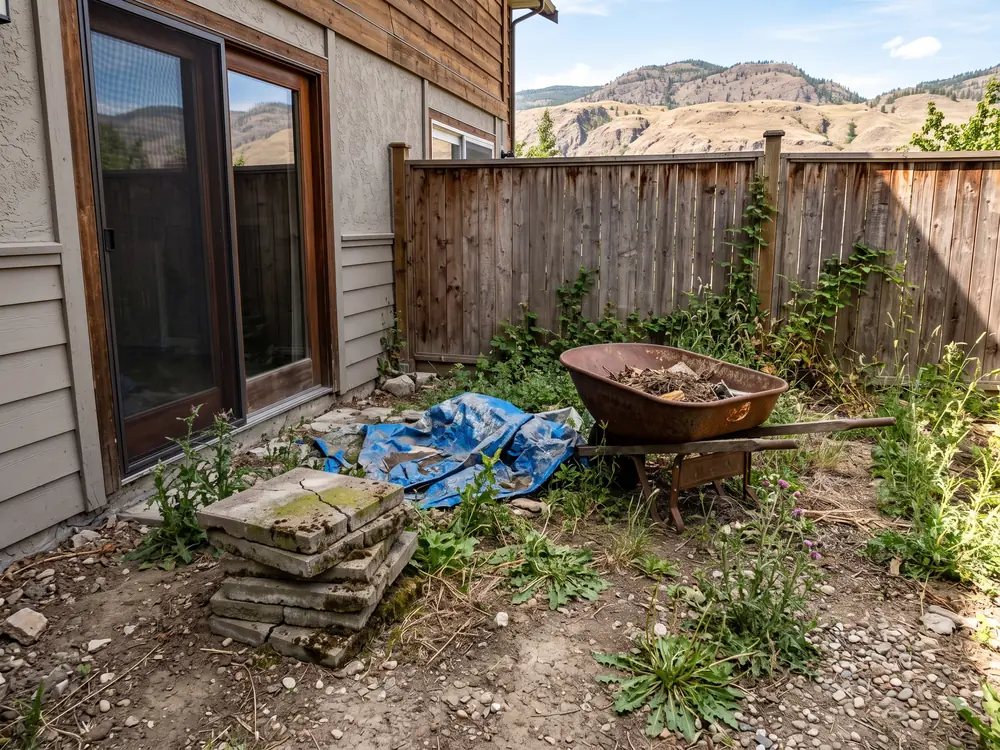 Backyard corner of dirt, weeds, broken pavers and a rusty wheelbarrow