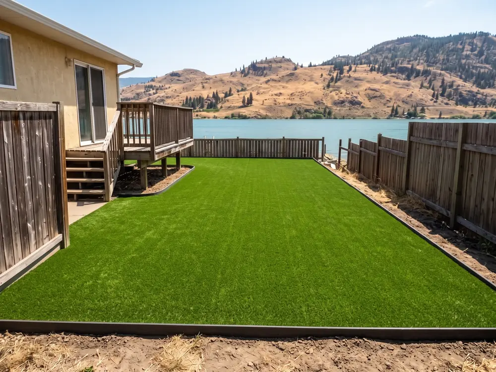 The same backyard with a lush new artificial turf lawn