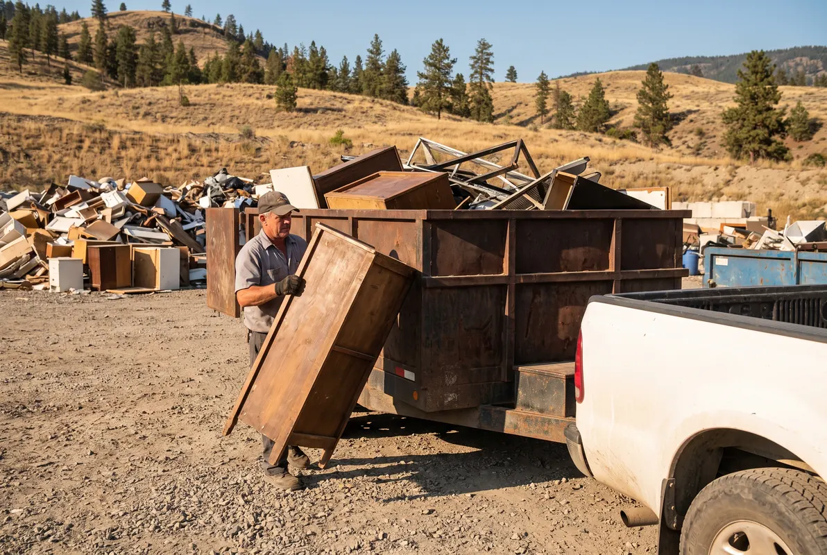 Worker loading an old dresser into a dump trailer at a Kelowna landfill drop-off, golden Okanagan hills behind