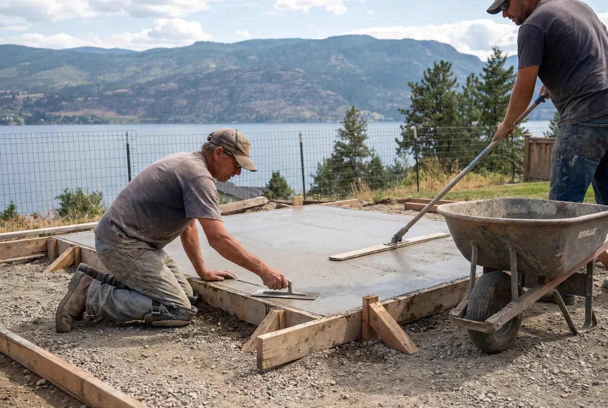 Two workers troweling a fresh concrete hot tub pad in a Kelowna backyard above Okanagan Lake
