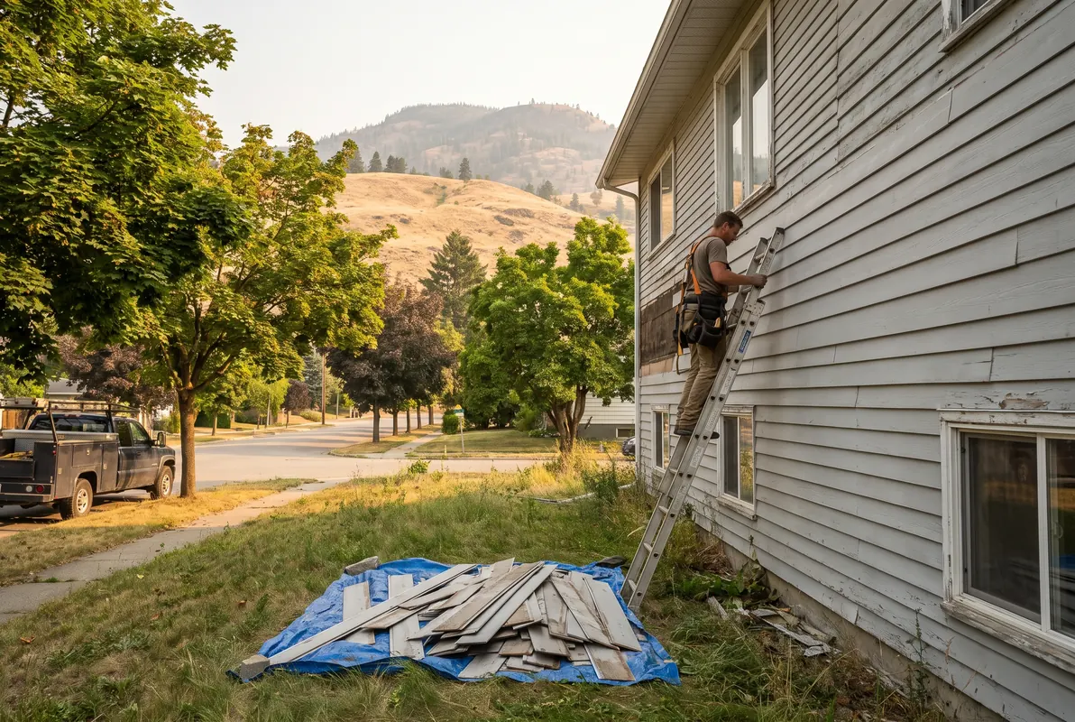 Tradesman on a ladder installing new grey lap siding on a house near downtown Kelowna, Knox Mountain behind