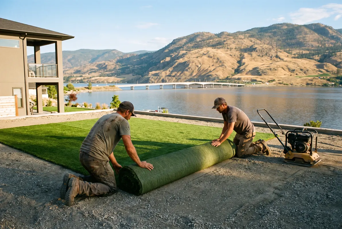 Landscapers rolling out artificial turf at a lakefront Kelowna home with the W.R. Bennett Bridge in the distance