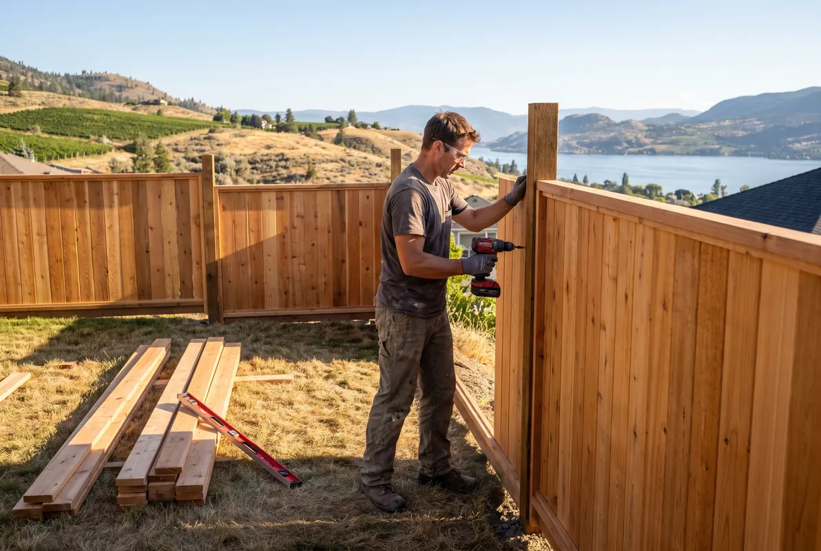 Carpenter fastening new cedar boards on a privacy fence in a hillside Kelowna backyard above vineyards and the lake